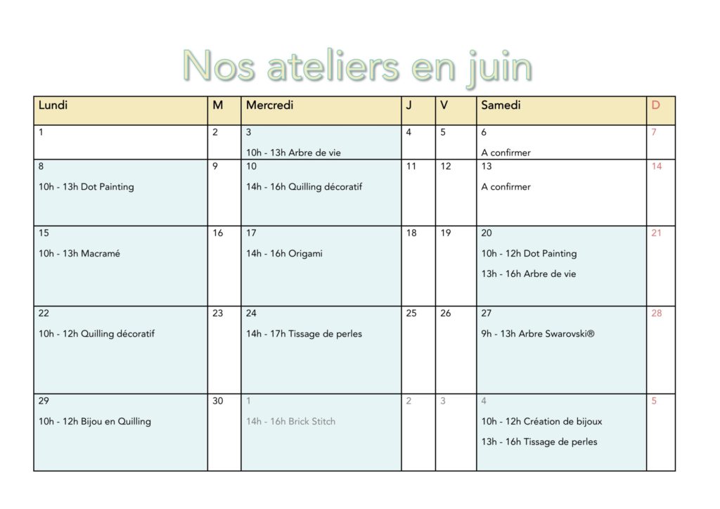Calendrier atelier juin
